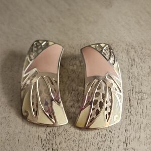 Vintage Earrings Cloisonne Chunky Rectangular Earrings Pink Copper Gold 80s